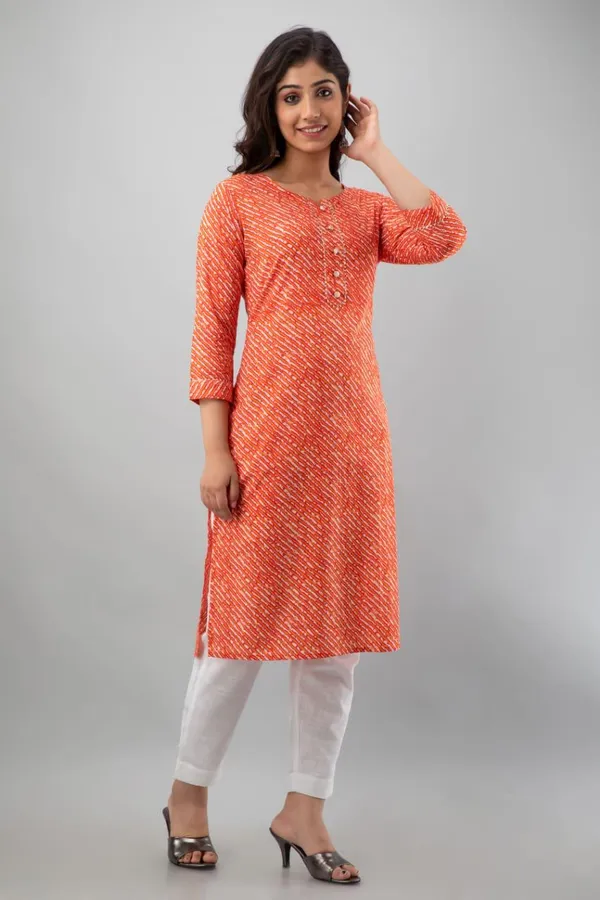 Orange_Cotton_Leheriya_Regular_Kurti_For_Women