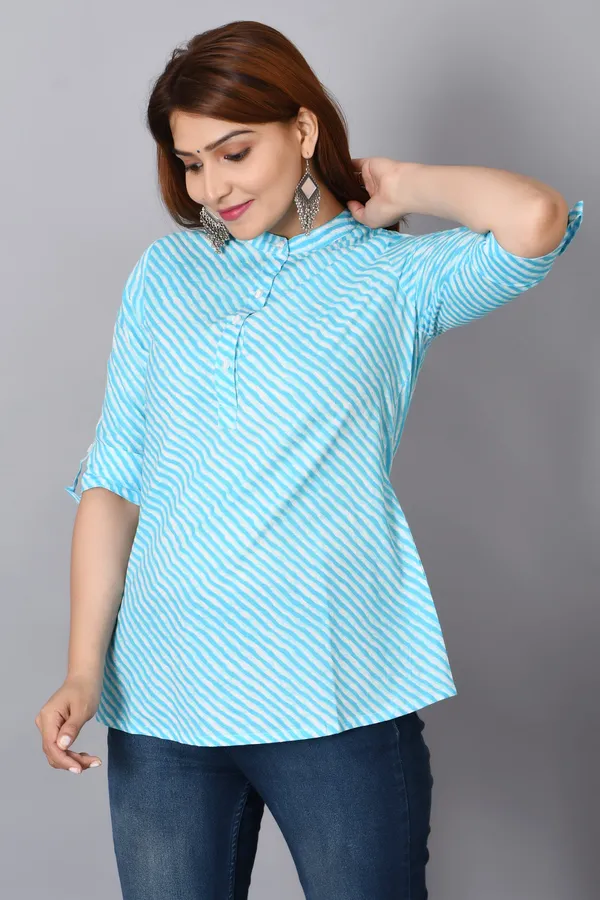 Light_Blue_Cotton_Leheriya_Short_Kurti_For_Women
