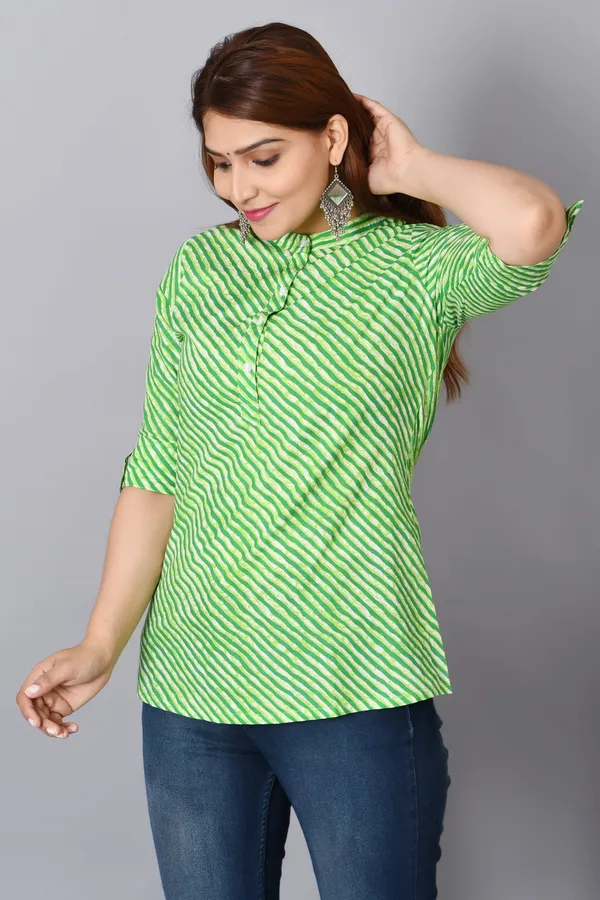 Green_Cotton_Leheriya_Short_Kurti_For_Women