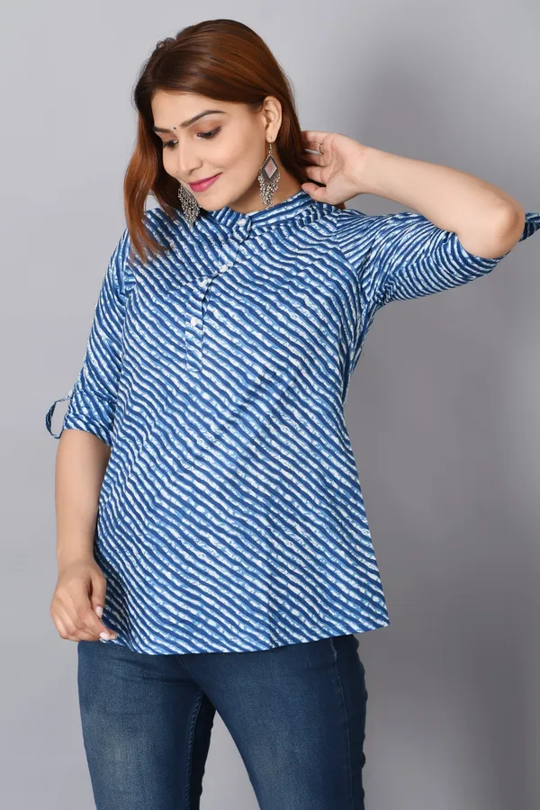 Blue_Cotton_Leheriya_Short_Kurti_For_Women