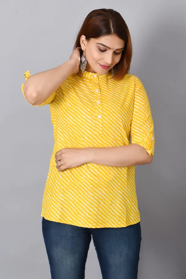 Yellow_Cotton_Leheriya_Short_Kurti_For_Women