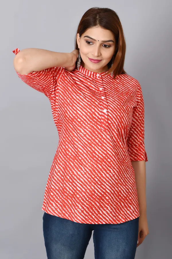 Orange_Cotton_Leheriya_Short_Kurti_For_Women