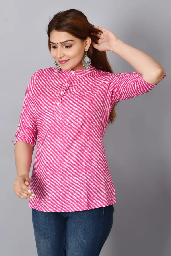 Pink_Cotton_Leheriya_Short_Kurti_For_Women