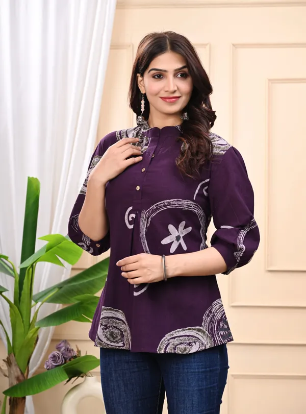 Wine_Cotton_Printed_Mandarin_Collar_Shirt_Style_Top_For_Women
