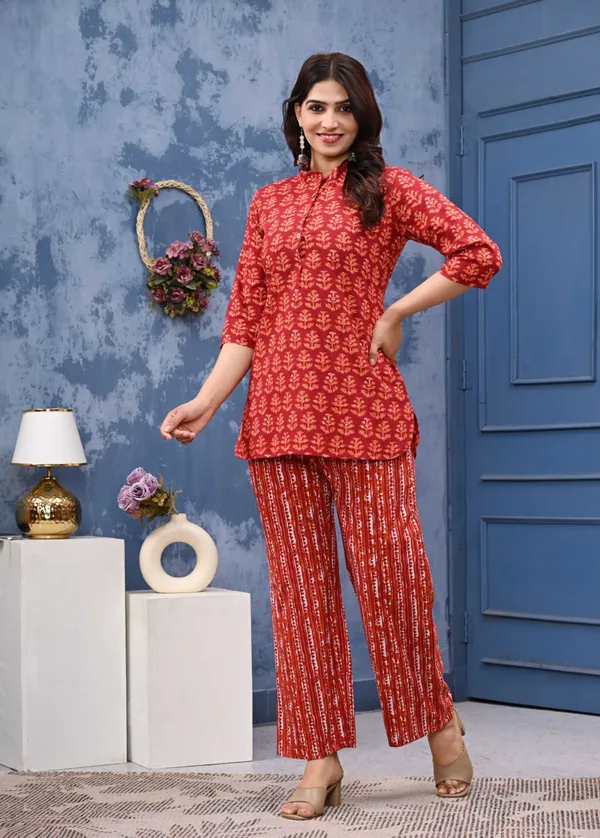 Printed_Pure_Cotton_Tunics_Top_With_Palazzo_Co_Ord_Set_For_Women_Red