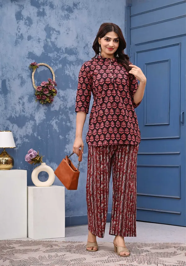Maroon_Cotton_Printed_Tunic_Top_Palazzo_Co-Ord_Set_For_Women