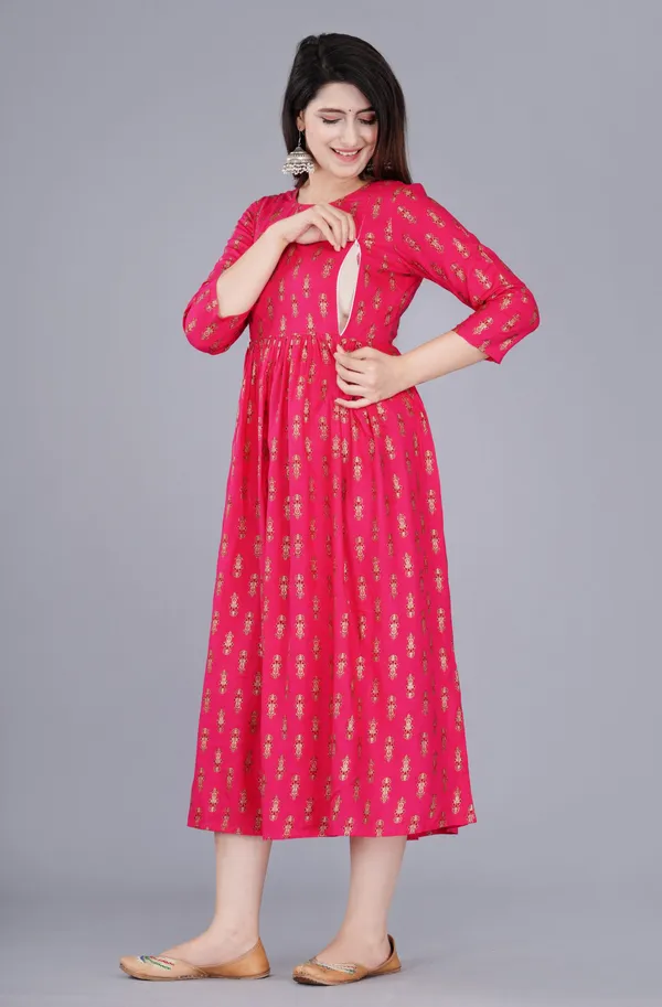 Red_Rayon_3/4_Sleeve_Full_Length_Maternity_Gown_For_Women