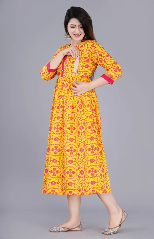 Yellow_Rayon_3/4_Sleeve_Full_Length_Maternity_Gown_For_Women