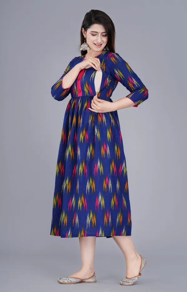 3_4_Sleeve_Rayon_Full_Length_Maternity_Gowns_Blue