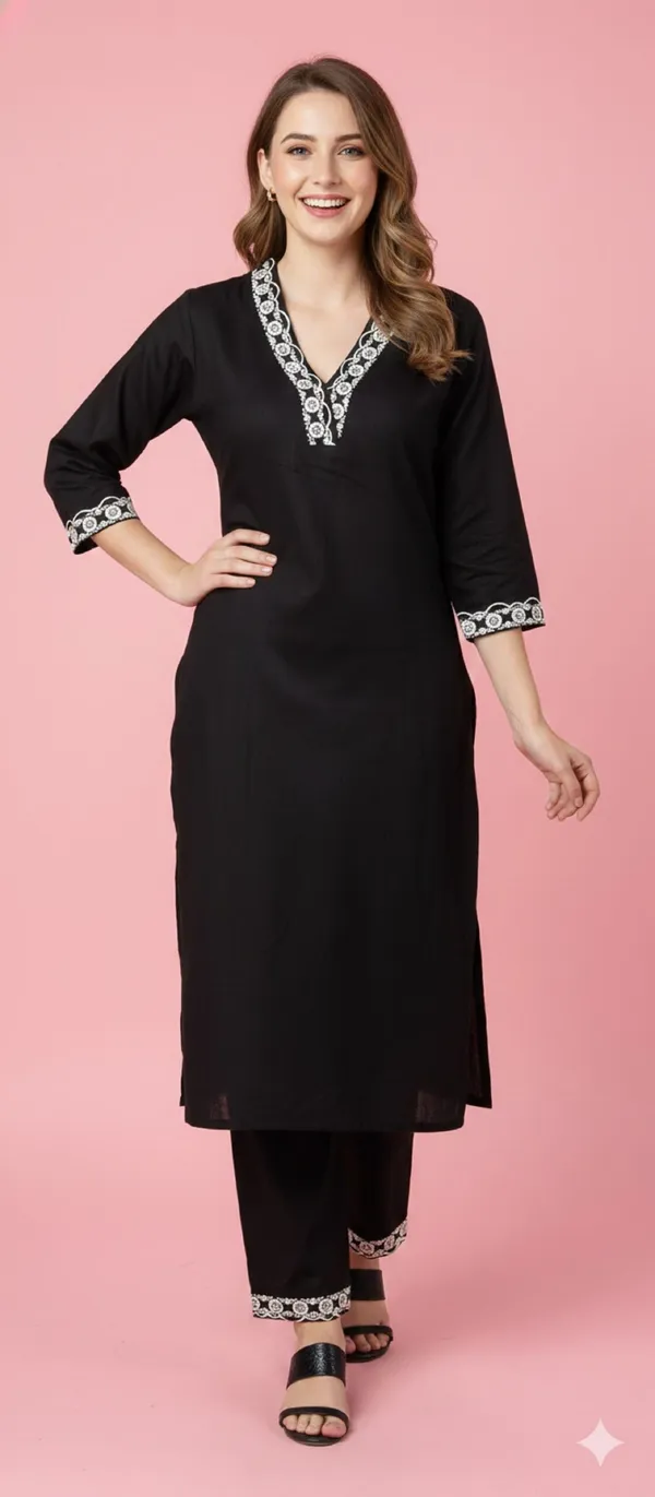 Black_Cotton_Embroidered_Regular_Kurta_Trouser_Set_For_Women