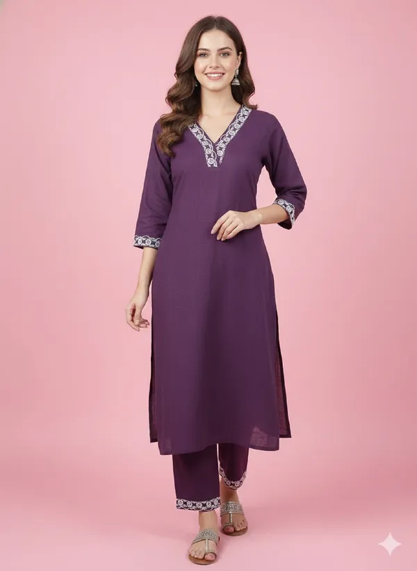 Maroon_Cotton_Embroidered_Regular_Kurta_Trouser_Set_For_Women