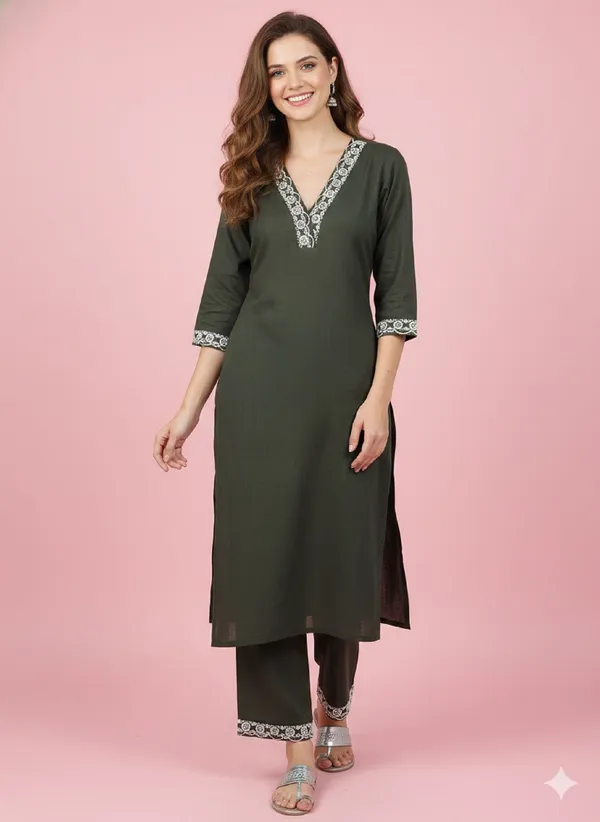 Olive_Cotton_Embroidered_Regular_Fit_Kurta_For_Women