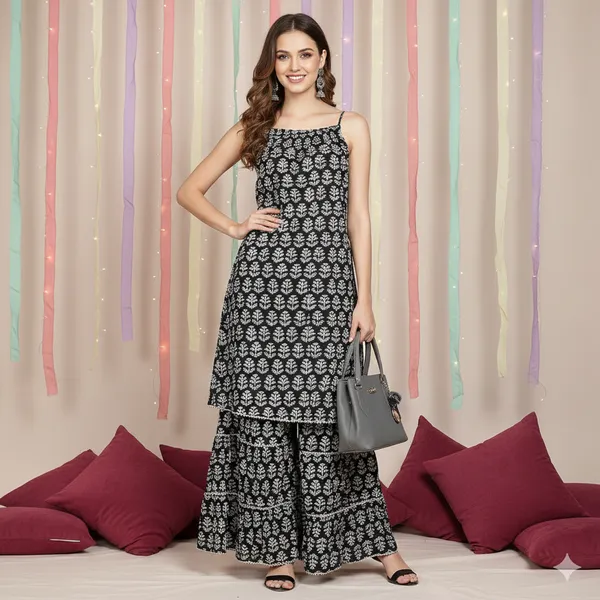 Black_Cotton_Floral_Printed_Kurta_Sharara_Set_For_Women