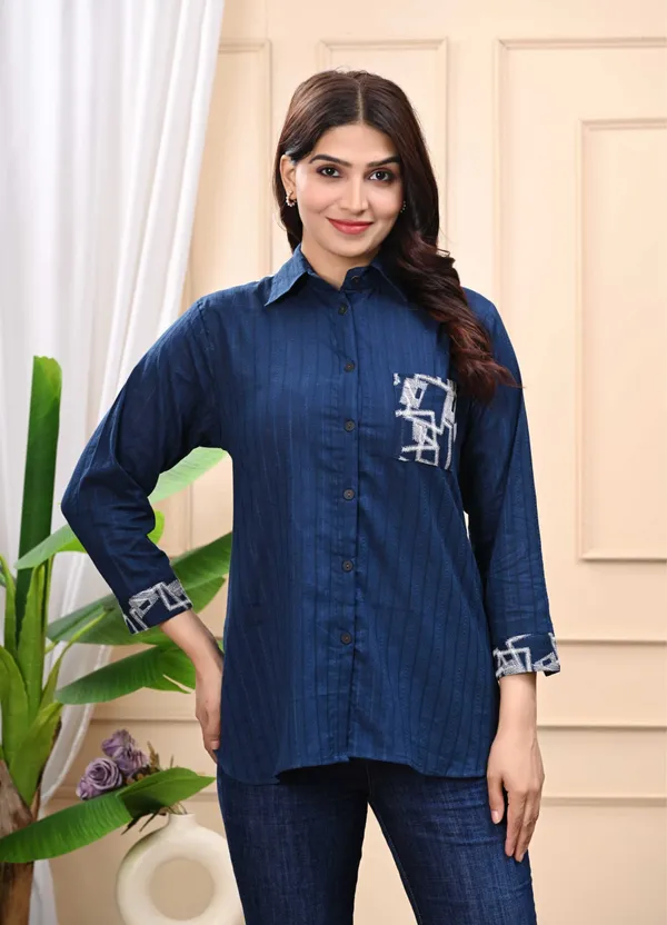 Blue_Cotton_Embroidered_Formal_Shirt_For_Women