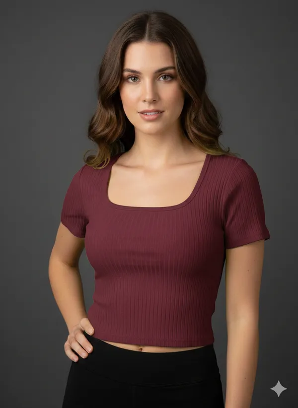 Women_S_Cotton_Ribbed_Scoop_Neck_Crop_Top_Slim_Fit_Half_Sleeve_Solid_Maroon_Tee