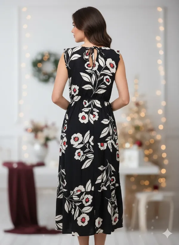 Black_Cotton_Floral_Print_Wrap_V-Neck_Dress_For_Women
