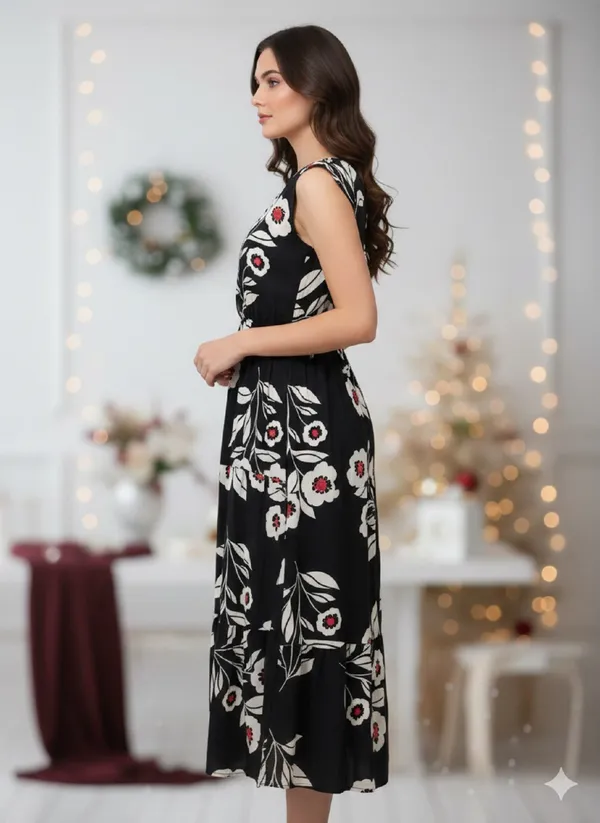 Black_Cotton_Floral_Print_Wrap_V-Neck_Dress_For_Women