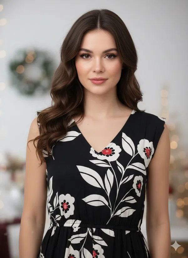 Black_Cotton_Floral_Print_Wrap_V-Neck_Dress_For_Women