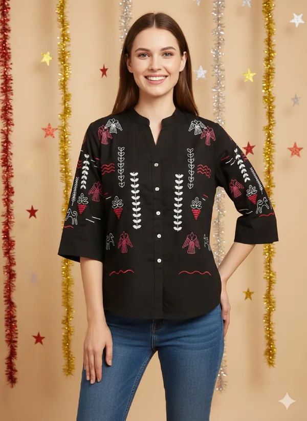 Black_Cotton_Printed_Mandarin_Collar_Shirt_For_Women
