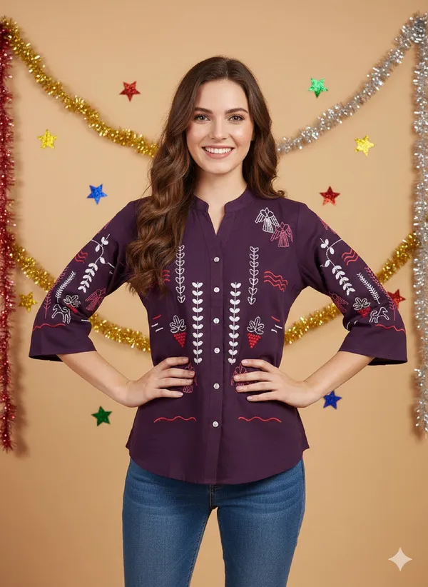 Maroon_Cotton_Embroidered_Mandarin_Collar_Shirt_For_Women