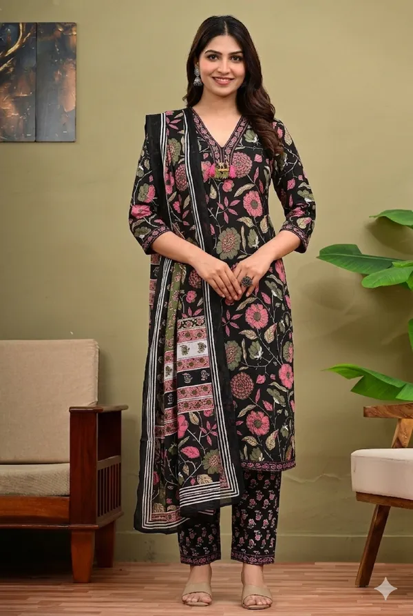 Multi_Cotton_Floral_Printed_Kurta_Trouser_Dupatta_Set_For_Women
