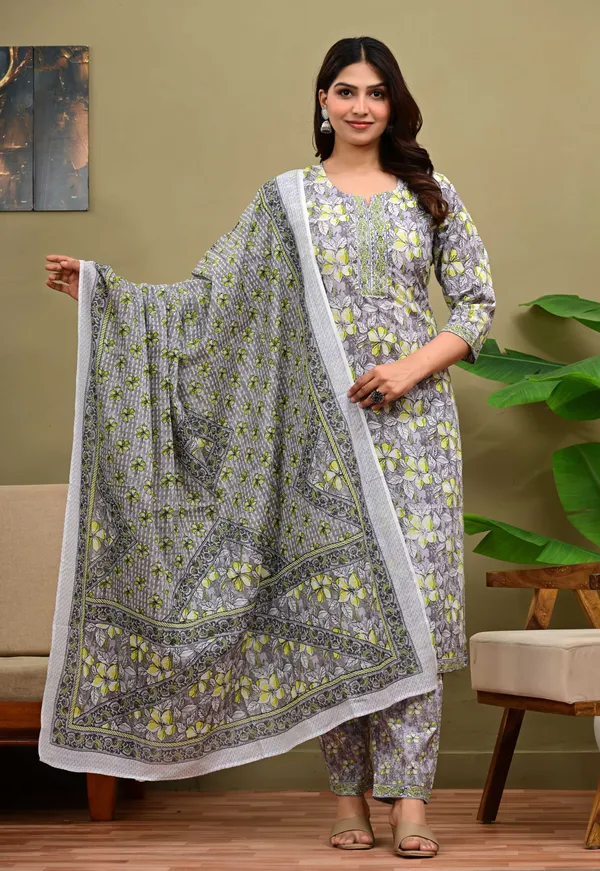 Multicolor_Cotton_Floral_Printed_Kurta_Trouser_Dupatta_Set_For_Women