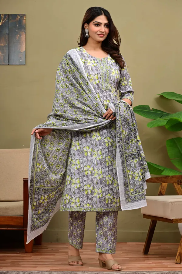 Multicolor_Cotton_Floral_Printed_Kurta_Trouser_Dupatta_Set_For_Women