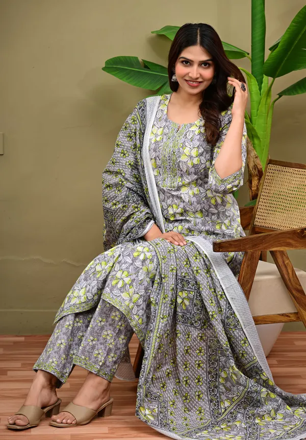 Multicolor_Cotton_Floral_Printed_Kurta_Trouser_Dupatta_Set_For_Women