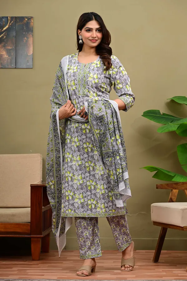 Multicolor_Cotton_Floral_Printed_Kurta_Trouser_Dupatta_Set_For_Women