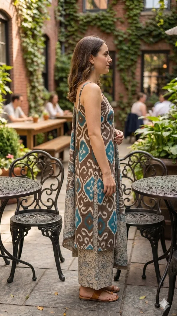 Brown_Teal_Cotton_Ikat_Printed_Strappy_Kurta_Palazzo_Dupatta_Set_For_Women