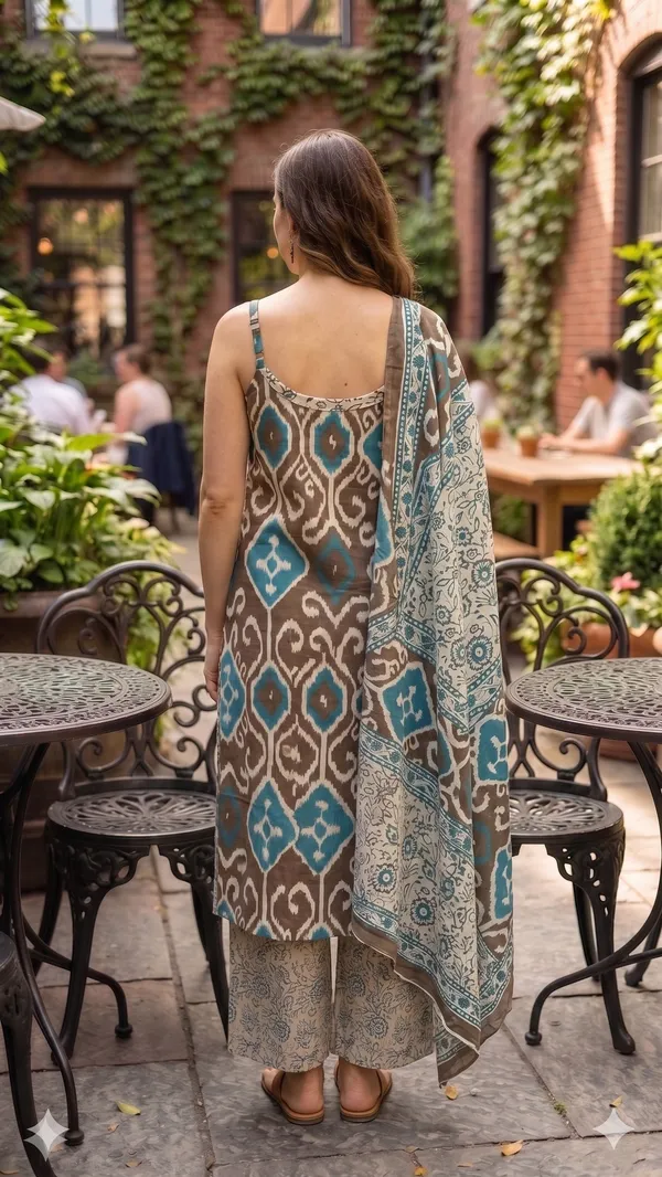Brown_Teal_Cotton_Ikat_Printed_Strappy_Kurta_Palazzo_Dupatta_Set_For_Women