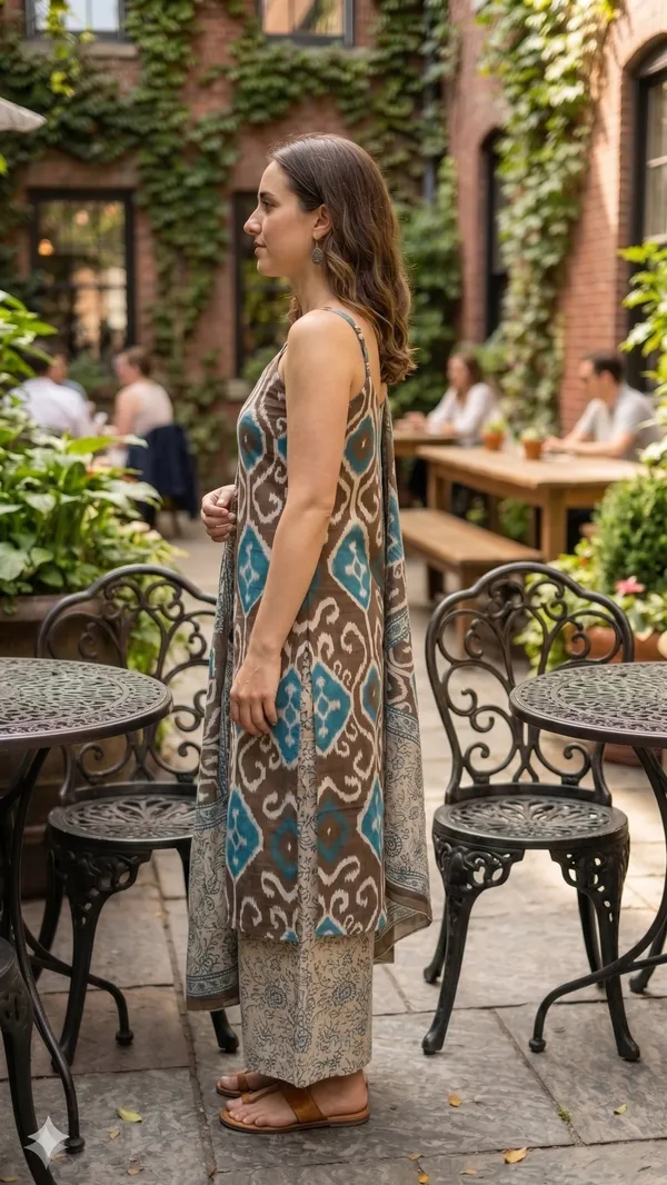Brown_Teal_Cotton_Ikat_Printed_Strappy_Kurta_Palazzo_Dupatta_Set_For_Women