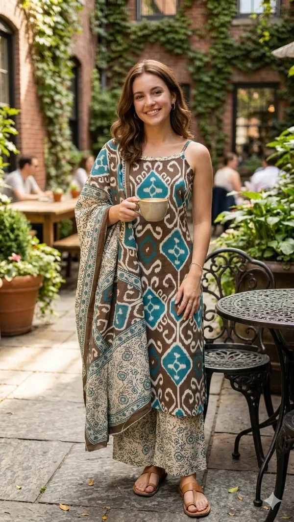 Brown_Teal_Cotton_Ikat_Printed_Strappy_Kurta_Palazzo_Dupatta_Set_For_Women