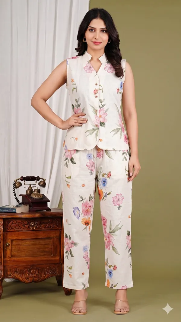 White_Cotton_Floral_Printed_Vest_Co-Ord_Set_For_Women