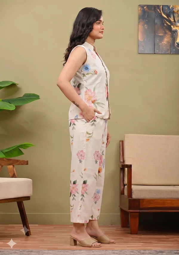 White_Cotton_Floral_Printed_Vest_Co-Ord_Set_For_Women