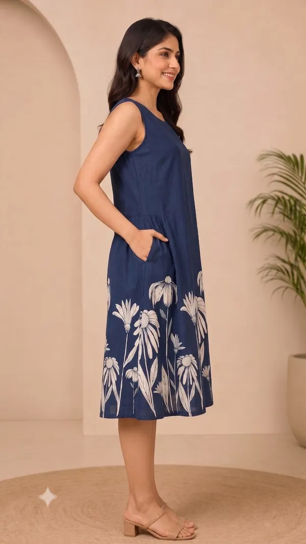 Blue_Cotton_Floral_Print_A-Line_Dress_For_Women