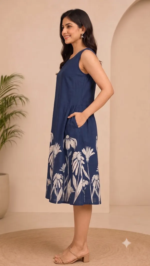 Blue_Cotton_Floral_Print_A-Line_Dress_For_Women