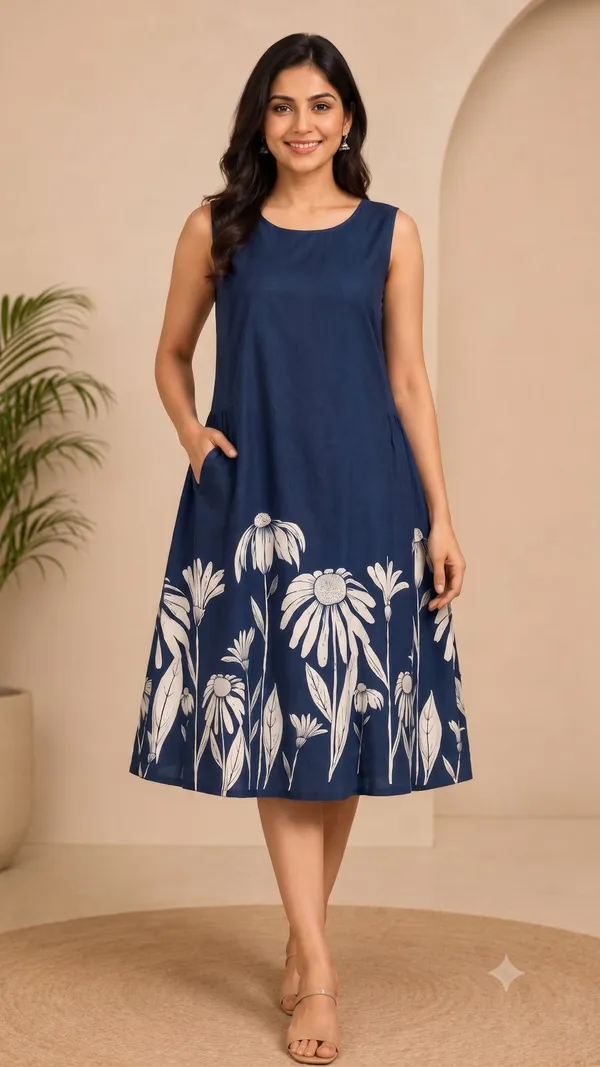 Blue_Cotton_Floral_Print_A-Line_Dress_For_Women