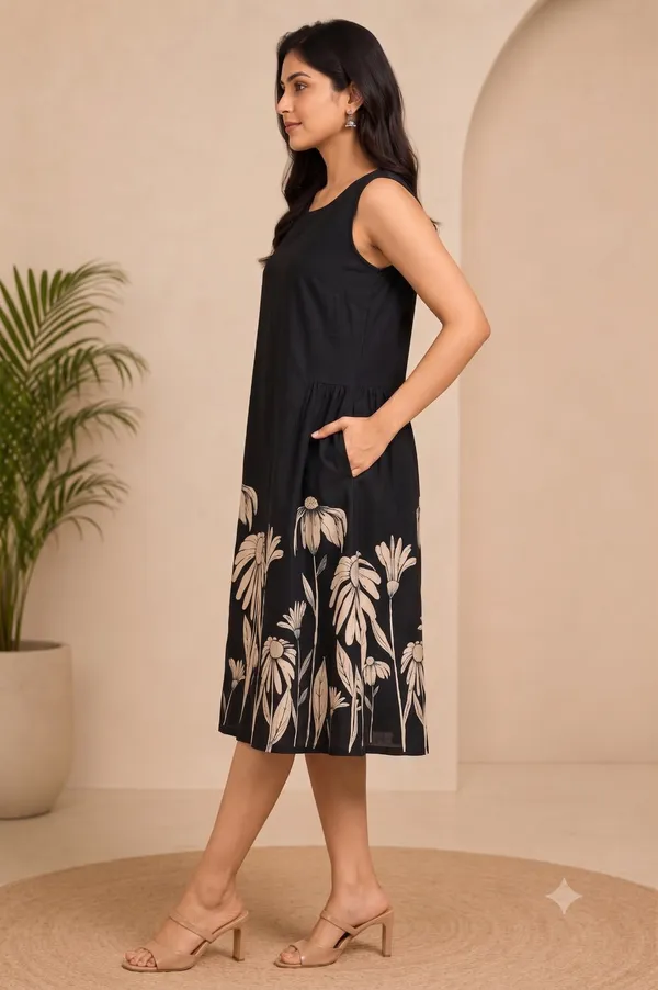 Black_Cotton_Floral_Print_A-Line_Dress_For_Women