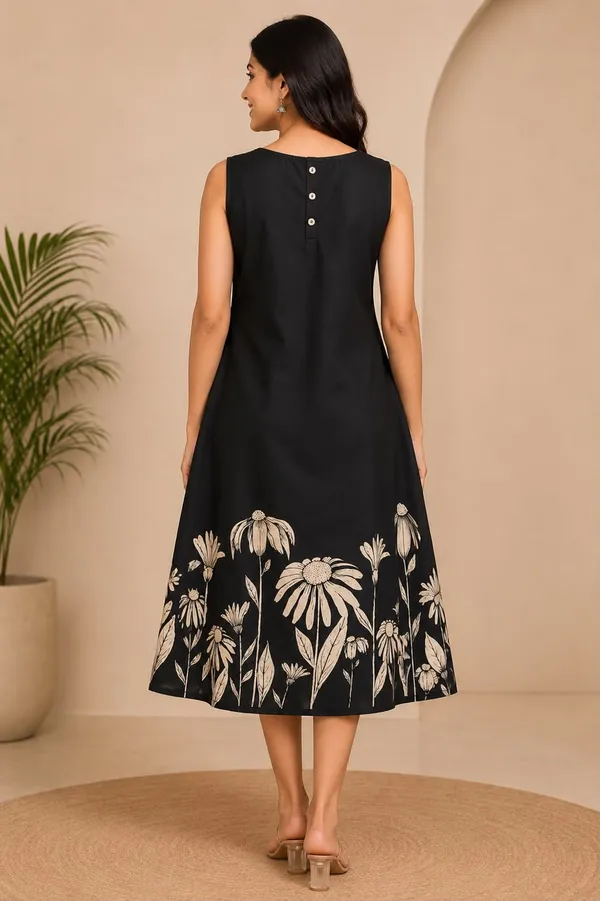 Black_Cotton_Floral_Print_A-Line_Dress_For_Women