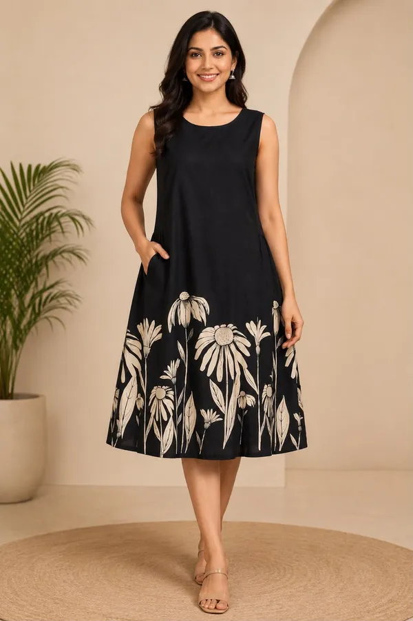 Black_Cotton_Floral_Print_A-Line_Dress_For_Women