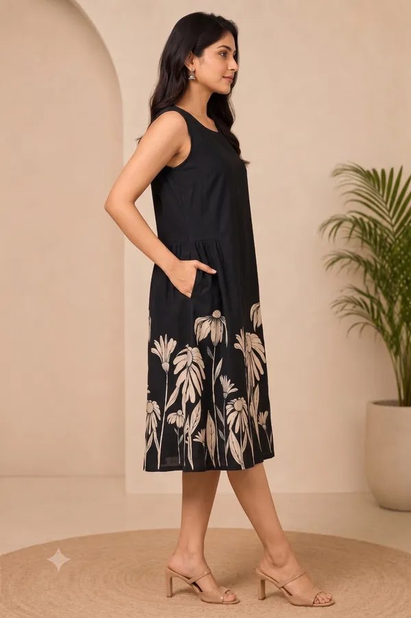 Black_Cotton_Floral_Print_A-Line_Dress_For_Women