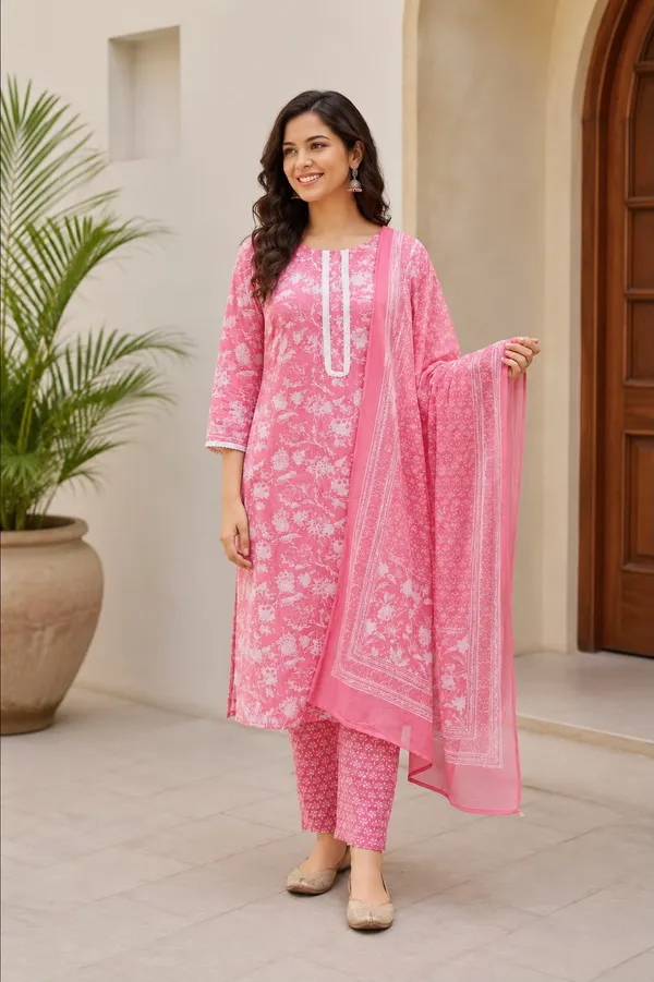Pink_Cotton_Floral_Printed_Regular_Kurta_Trouser_Dupatta_Set_For_Women