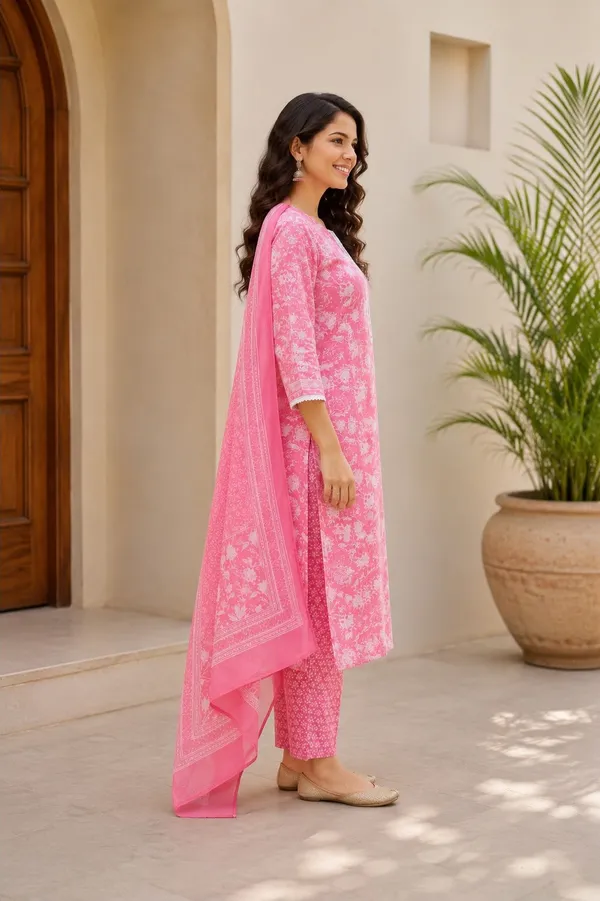 Pink_Cotton_Floral_Printed_Regular_Kurta_Trouser_Dupatta_Set_For_Women