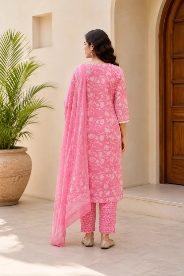 Pink_Cotton_Floral_Printed_Regular_Kurta_Trouser_Dupatta_Set_For_Women