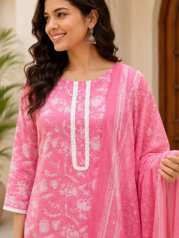 Pink_Cotton_Floral_Printed_Regular_Kurta_Trouser_Dupatta_Set_For_Women