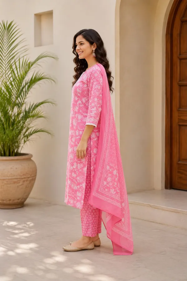 Pink_Cotton_Floral_Printed_Regular_Kurta_Trouser_Dupatta_Set_For_Women