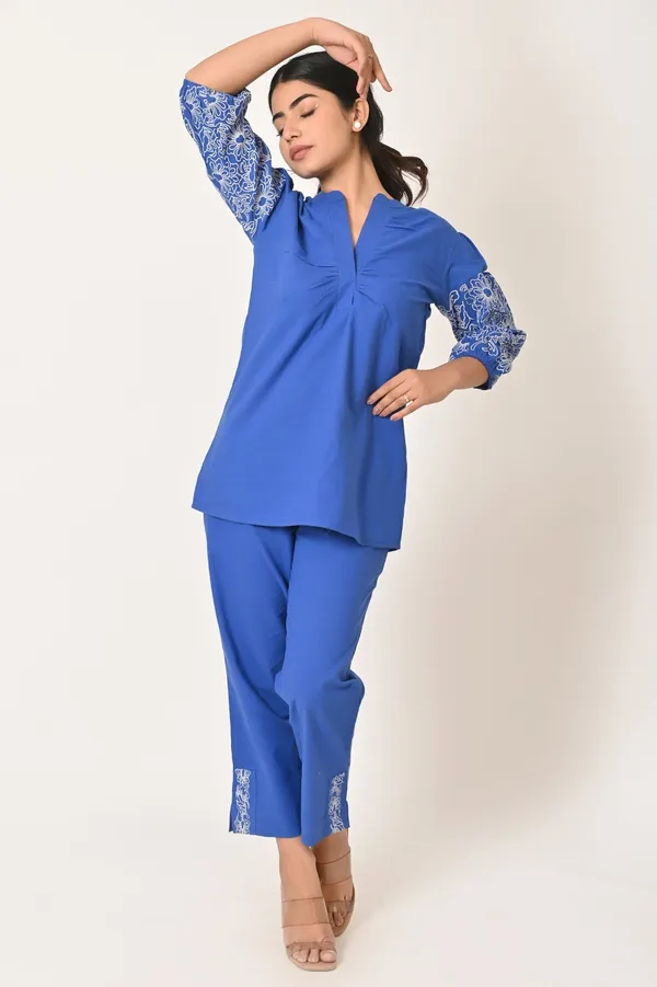 Royal_Blue_Cotton_Embroidered_Sleeve_Co-Ord_Set_For_Women