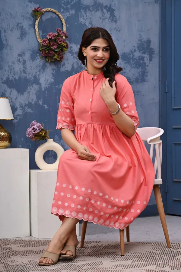Pink_Cotton_Embroidered_Sleeve_A-Line_Dress_For_Women