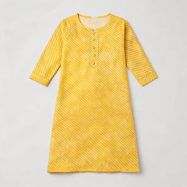 Yellow_Cotton_Leheriya_Regular_Kurti_For_Women